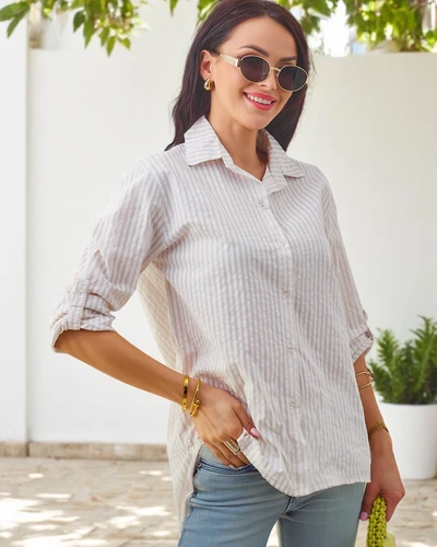 Royalfashion Bawełniana damska koszula w paski z wiązaniem na dole