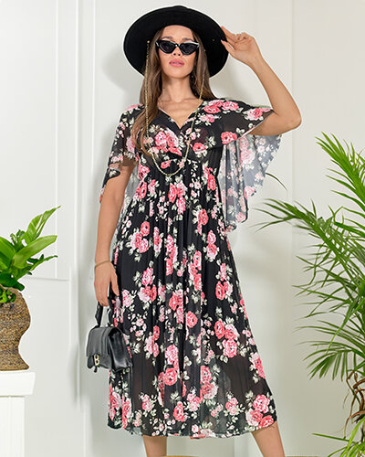 Royalfashion Damska plisowana sukienka midi w kwiaty