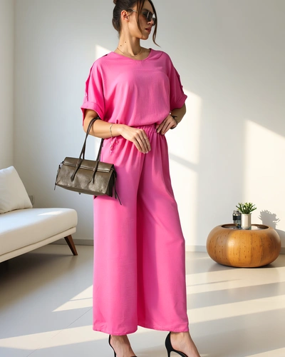 Royalfashion Damski komplet casualowy z bluzką z krótkim rękawem i szerokimi spodniami