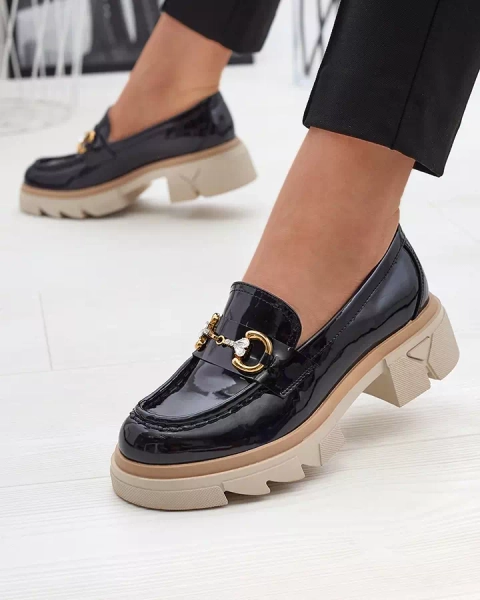 Royalfashion Lakierowane czarne damskie mokasyny z kryształkami Inriw