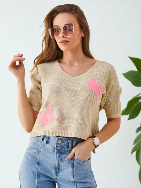 Royalfashion Bawełniany damski krótki sweter w motylki