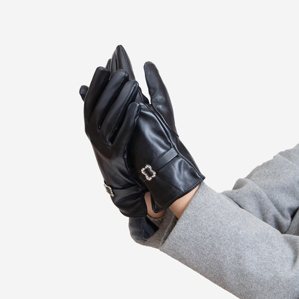 Czarne klasyczne damskie eko-skórzane rękawiczki z klamerką - Akcesoria